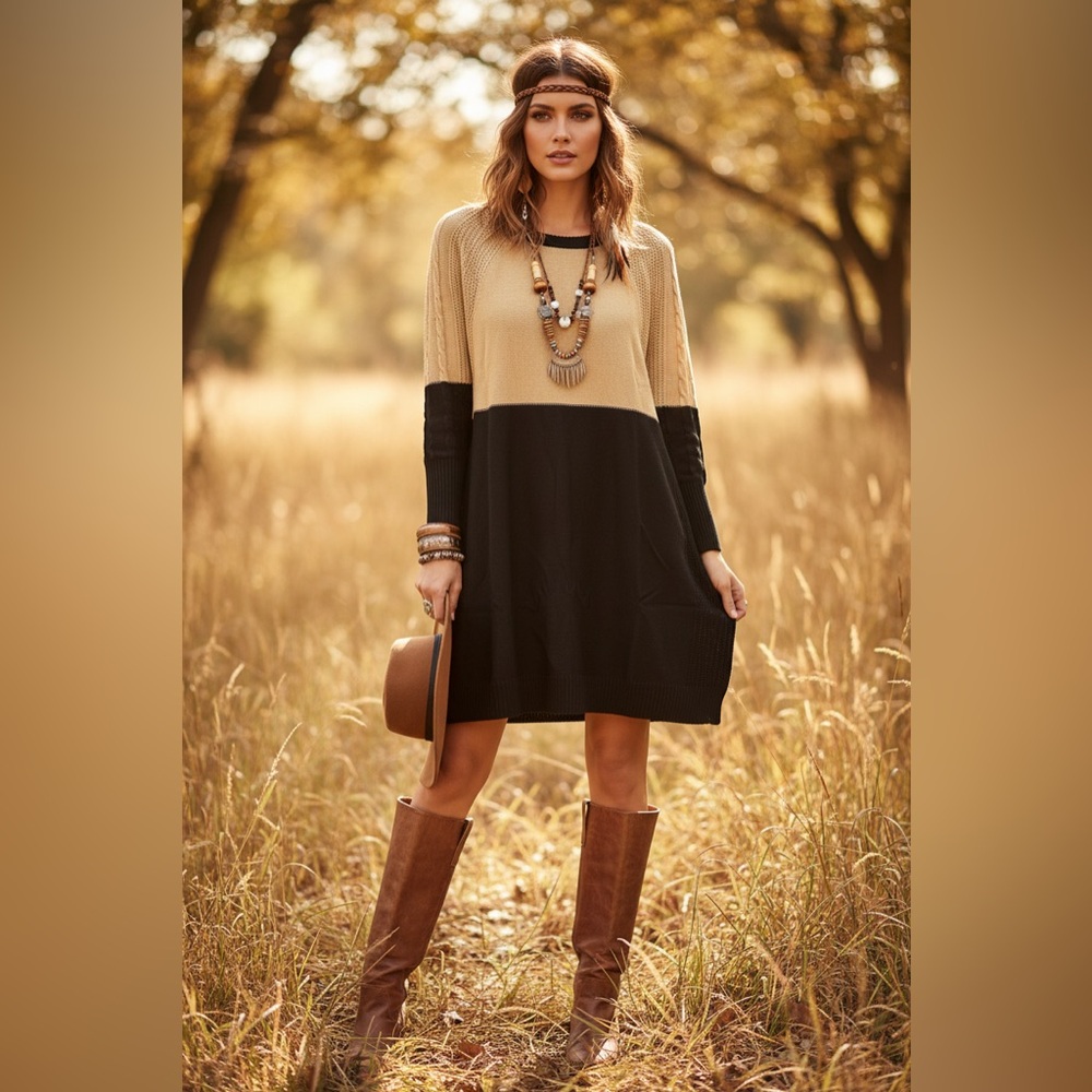 LuLaRoe Lauren Sweater Dress • Cream Black Block • Sweater Knit